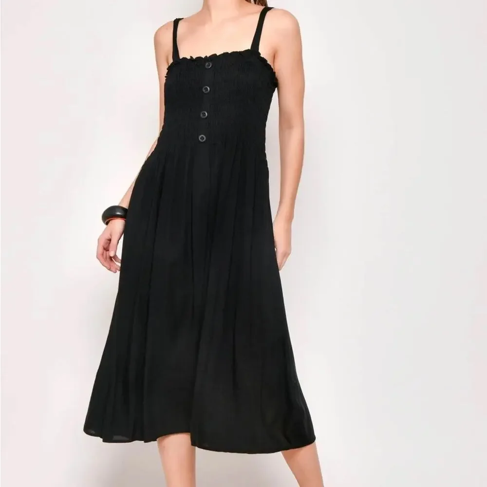 Black Smocked Sundress with Buttons